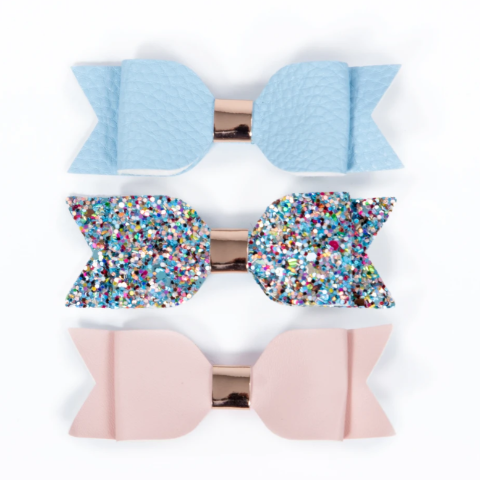 Trio grosses boucles à cheveux, Lox lion, bleu pâle, paillettes bleues et roses, rose blush